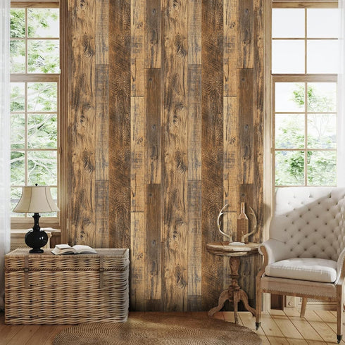 TANONE Brown Wood Peel and Stick Wallpaper 11.8" X 197" Self Adhesive Removable Decorative Film Wood Grain Wallpaper for Wall Covering Furniture C...