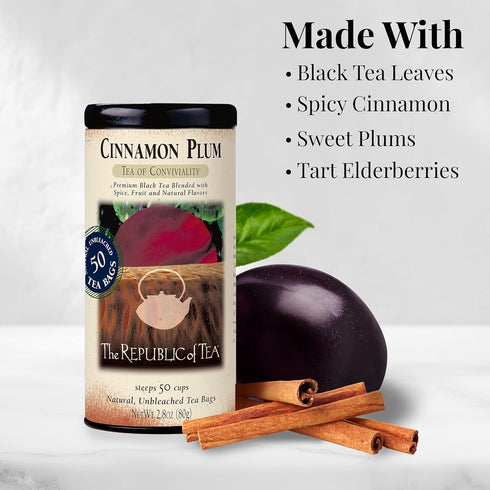 The Republic of Tea Cinnamon Plum Tea, 2.8 oz Tin, 50 Tea Bags, Spiced Black Tea | Caffeinated Tea...