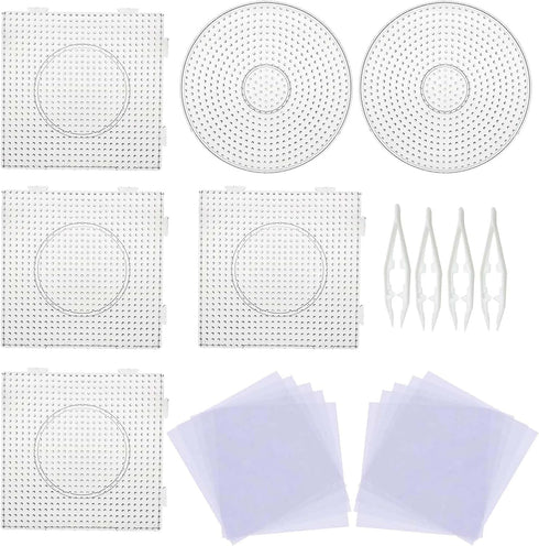 5 mm 6 Pack Fuse Beads Boards Allazone Large Round Square Clear Plastic Pegboards with 4 PCS White Beads Tweezers, 10 PCS Ironing Paper for Kids C...