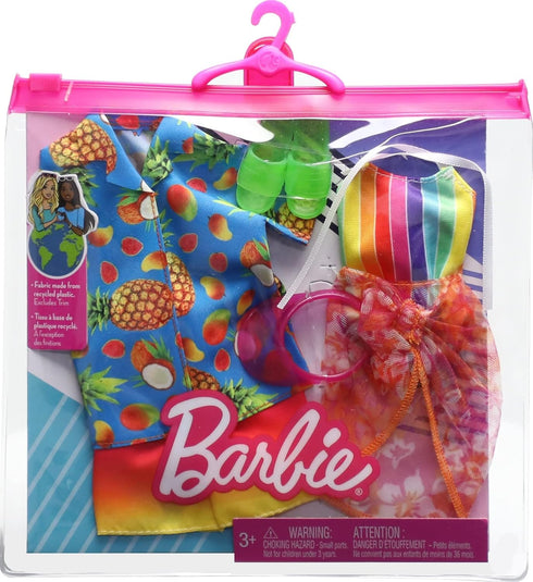 Barbie & Ken Fashions 2-Pack Clothing & Accessories Set, 1 Swimsuit, Sarong & Visor for Barbie Doll & 1 Tropical Shirt, Swimsuit & Shoes for Ken D...