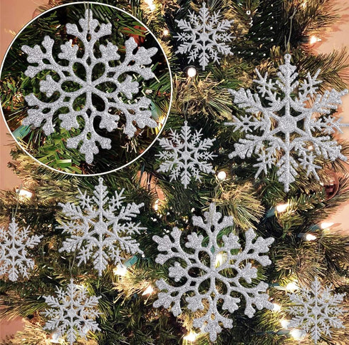 36 Pack Silver Snowflake Ornaments Plastic Glitter Snow Flakes Ornaments for Winter Christmas Tree Decorations Size Varies Craft Snowflakes...