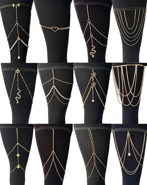 Tornito 12Pcs Thigh Chains Snake Heart Pearl CZ Leg Chain Boho Layered Body Chain Summer Beach Party Body Jewelry for Women Silver Gold Tone...