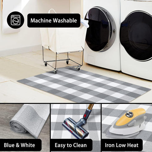 KOZYFLY Buffalo Plaid Rug 27.5x43 Inches Grey and White Outdoor Rugs Hand Woven Cotton Washable Indoor Buffalo Check Rug Layered Doormats for Fron...