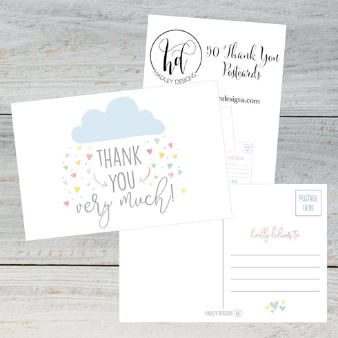 Hadley Designs 50 4x6 Rain Clouds Blank Thank You Postcards Bulk, Cute Baby Shower Sprinkle Rainbow Showered With Love Thank You Note Card For Wed...