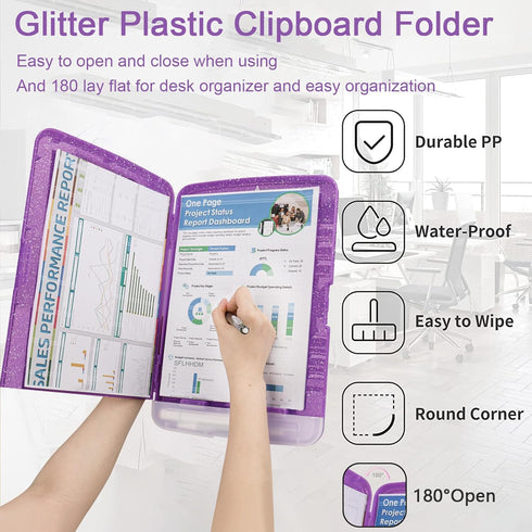 Glitter Clipboard with Storage,Storage Clipboard with Pen Holder,A4 Binder Clip Boards 8.5x11 with Low Profile Clip,Side Opening Sparkle Clipboard...
