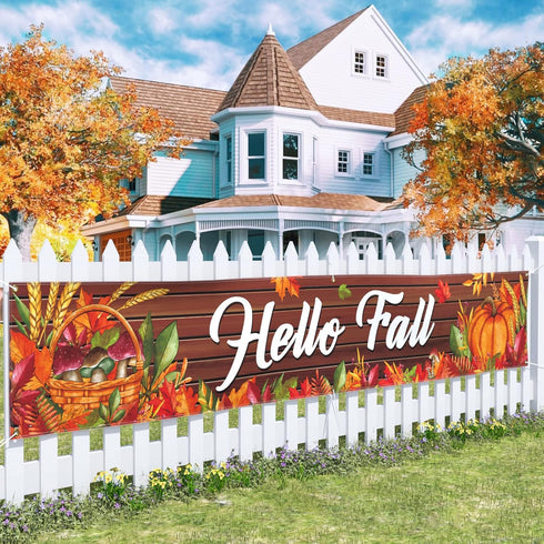 Probsin Happy Fall Banner 120"x 20" Decorations Outdoor Thanksgiving Decor Autumn Party Supplies Wooden Hello Fall Pumpkin Mushroom Harvest Welcom...