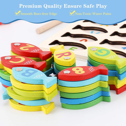Magnetic Wooden Fishing Game Toy for Toddlers, Alphabet Fish Catching Counting Games Puzzle with Numbers and Letters, Preschool Learning ABC Math ...