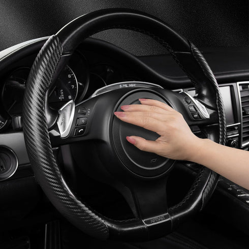 CAR PASS® Carbon Fiber Steering Wheel Cover, Segmented Wheel Protector Non-Slip Sporty Car Accessories, Universal Fit for D-Shape O-Shape 14.5" to...