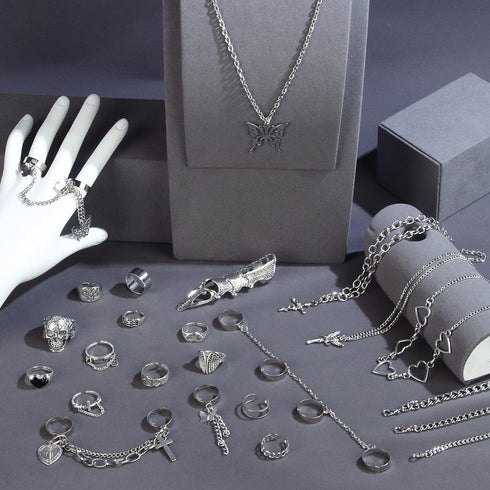 Sanfenly Punk Chain Rings+ Layered Chain Necklace Set for Women Men, Cool Goth Punk Vintage Stackable Open Finger Rings Statement Pendant Choker N...