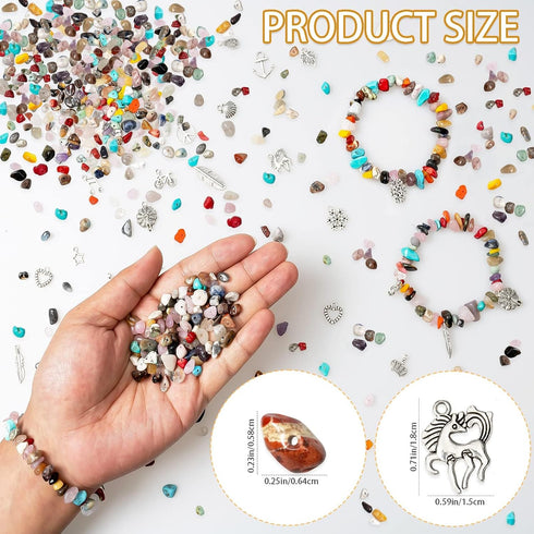 Natural Chip Stones for Bracelet - 400pcs 5mm to 8mm Gemstones Healing Loose Rocks Bead Hole Drilled DIY with 30pcs Silver Charms for Bracelet Nec...
