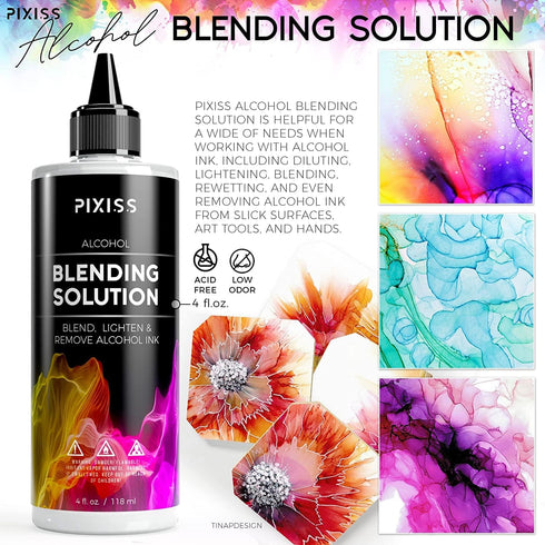 Alcohol Ink Blending Solution (4-Ounce), Pixiss Alcohol Ink Blending Solution Tools, Pixiss Needle Tip Applicator and Refill Bottles and Funnel - ...