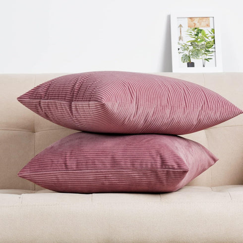 David's Home Corduroy Pillow Covers 18x18 Inches Set of 2-Decorative Cushion Covers for Couch Sofa Living Room-Stripe Throw Pillow Covers-Cameo Br...