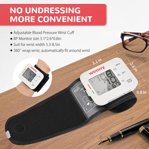 Portable Blood Pressure Monitor Wrist, Adjustable Wrist Blood Pressure Cuff 5.3-8.5in, BP Monitor Large LCD, 2x90 Memory, Blood Pressure Monitors ...