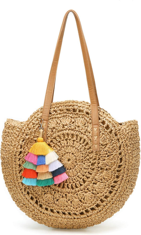 Straw Bag Round Summer Straw Large Woven Beach Bag Purse For Women Vocation Tote Handbags With Pom Poms...