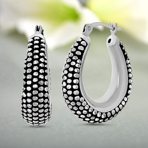 Oxidized Sterling Silver Beaded Texture Oval Black Hoop Earrings for Women...