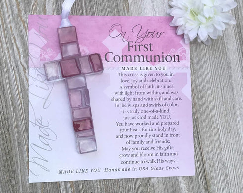 First Communion Gift for Girl - Handmade in USA Pink Mosaic Glass Cross with Sentiment...