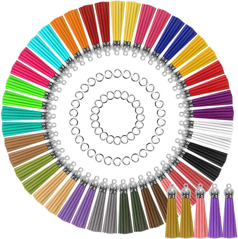 PAXCOO Tassels for Jewelry Making, 50pcs Leather Tassel Keychain Charms Bulk with 50pcs Jump Rings for Jewelry Making, Bracelets, Acrylic Key Chai...