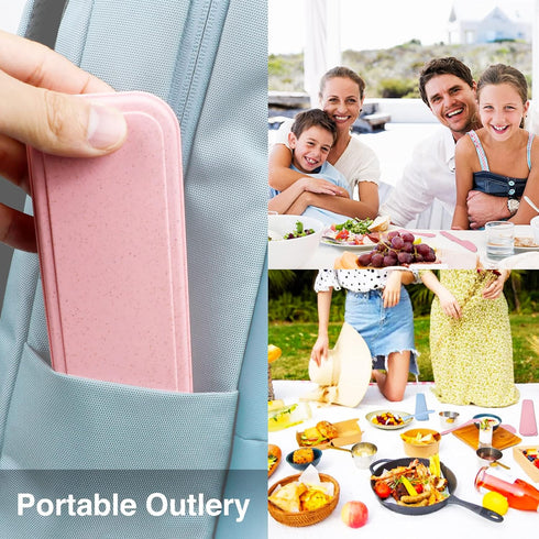 Reusable Travel Utensils Set with Case, Pink Wheat Straw Portable Knife Fork Spoons Tableware, Eco-Friendly BPA Free Cutlery for Kids and Adults a...