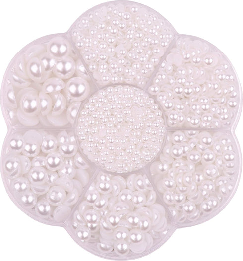 YAKA 3000PCS 1 Box 7Sizes 2.5/3/4/5/6/8/10mm Flat Back Half Round Pearl Cabochon Bead Loose Beads Gem for Nail Craft Scrapbook DIY Decoration (Whi...