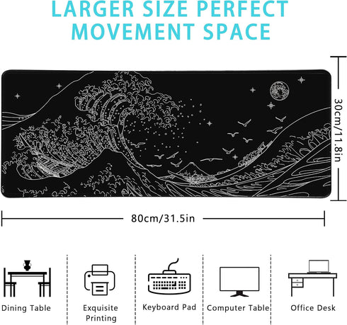 Black Gaming Laptop Mouse Pad,Sea Wave Big Mice Pads PC Keyboard Waterproof and Non-Slip 31.5 x 11.8inches 3mm Thick XL,XXL Rubber Table Mat, Kana...