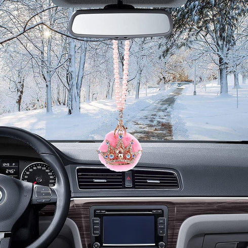 Car Mirror Hanging Accessories, Mini-Factory Rearview Mirror Hanging Bling Decoration Fluffy Luxury Diamond Crown with Pearl Chain - Pink...