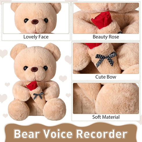 Hungdao Bear Stuffed Animal with Voice Recording 14 Inch Cute Plush Bear with Rose 60 Seconds Voice Sound Recorder Module Plush Recordable Toy wit...