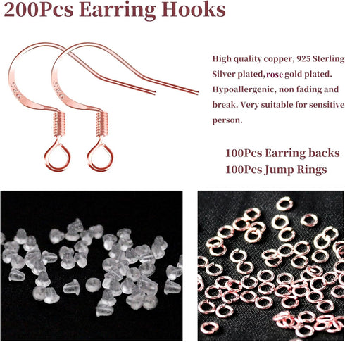 200 PCS/100 Pairs Rose Gold Tone Earring Hooks 925 Sterling Silver Plated Hypoallergenic Ear Wires Fish Hooks with 100 PCS Silicone Earring Backs ...