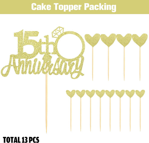 Sumerk 15th Anniversary Cake Topper,13pcs Gold Glitter Cake Toppers with Small Heart,Cake Decorations for 15th Wedding Anniversary Celebration Par...