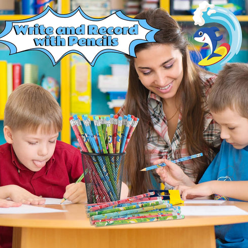 Geyee 36 Pcs Space Pencils for Kids Hawaiian Themed Party Favors Assorted Shark Pencils Novelty Wood Pencils Fun Designs Writing Pencils with Eras...