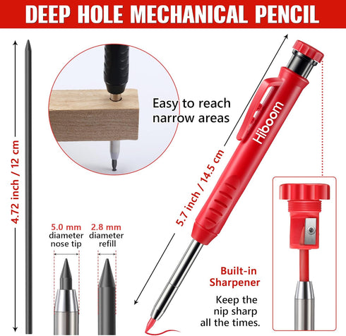 Hiboom 3 Pack Solid Carpenter Pencil with Pencil Cap and 21 Pcs Refills, Deep Hole Mechanical Pencil Marker with Built in Sharpener for Carpenter ...