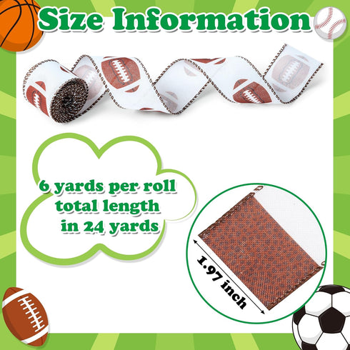 Football Wired Edge Ribbon - 4 Rolls 24 Yards Brown Green Football Burlap Ribbon for Football Game, Rugby Pastel Wired Ribbon for Bow Wreaths, Foo...