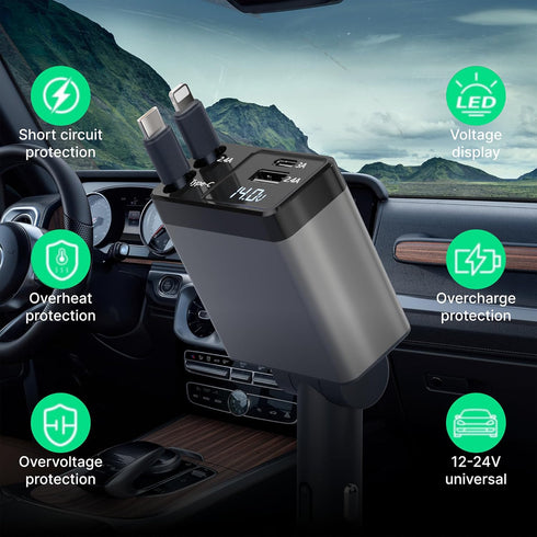 Retractable Car Charger, 4 in 1 Fast Car Phone Adapter 66W, Retractable Cables and USB Car Charger,Compatible with iPhone 15/14/13/12/11/10,iPad,G...