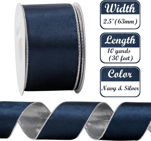 AIMUDI Navy Christmas Velvet Ribbon Wired 2.5 Inch Navy Blue Wired Ribbon for Wreaths Blue and Silver Ribbon for Christmas Tree, Gift Wrapping, Ga...
