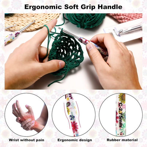 2.25mm Crochet Hook, Ergonomic Handle for Arthritic Hands, Soft Rubber Grip Extra Long? Knitting Needles for Beginners and Knitting Crocheting Yar...