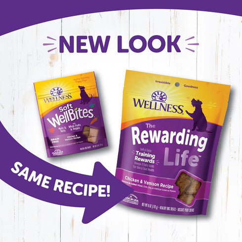 Wellness Rewarding Life Grain-Free Soft Dog Treats, Made in USA with Healthy Ingredients, Ideal for Training (Chicken & Venison Recipe, 6-Ounce Ba...