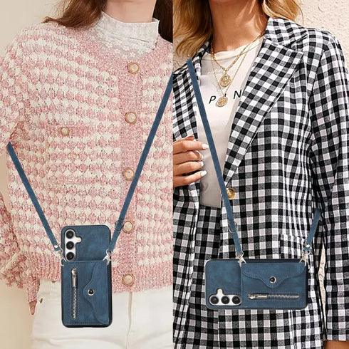 Phone Case for Samsung Galaxy S24 5G Wallet Cover and Tempered Glass Screen Protector with Wrist Crossbody Strap Lanyard Credit Card Holder Stand ...