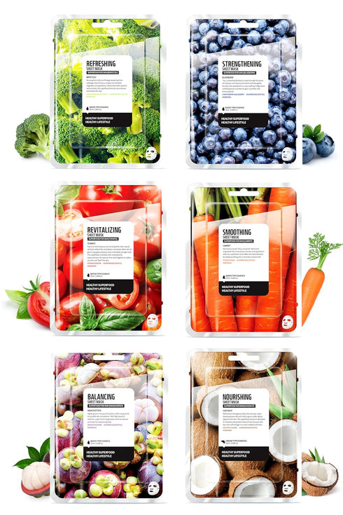 FARMSKIN Superfood Salad Sheet Mask Set of 6 | Face Mask Sheets including MangoSteen, Broccoli, Carrot, Coconut, Blueberry & Tomato | Refreshing, ...