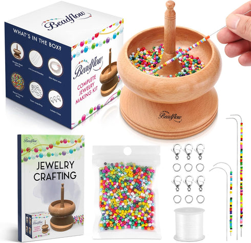 BEADFLOW Beadflow Bead Spinner Bracelet Making Kit – Beads for Bracelet Making with Premium Wooden Bowl – Includes 4 Curved Needles,...