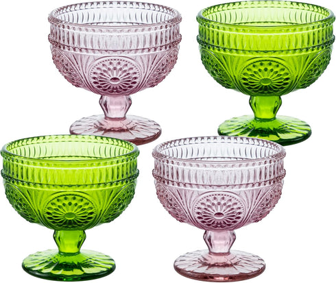 Vintage Flower Embossed Glass Footed Dessert Bowl Ice Cream Bowl Trifle Bowl Salad Bowl Candy Cake Bowl for Home Party Wedding 9oz-Pink...