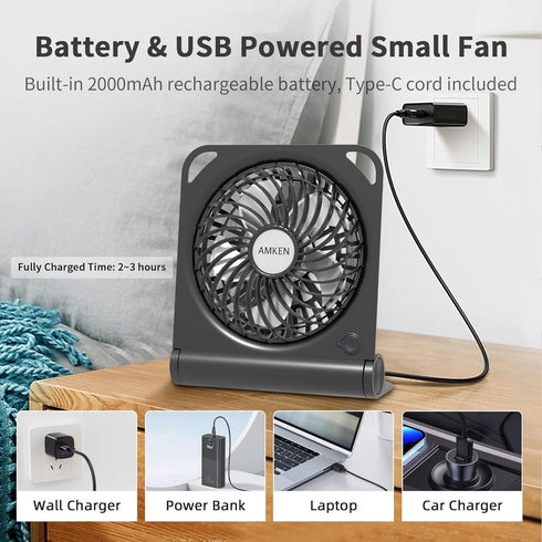 AMKEN Small Table Fans - 2000mAh USB Fan Desk Fan 4 Speeds Adjustable - 200° Tilt Folding Quiet Operation for Office Bedroom Home Desktop Camping...