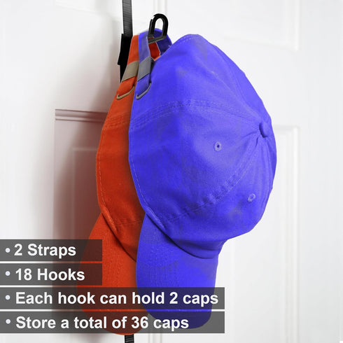 Perfect Curve CapRack | Over-The-Door Hat Organizer for Baseball Caps | 2 Straps, Holds 18-36 Adjustable Caps | Black...