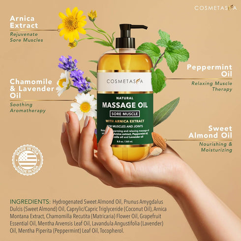 Cosmetasa Sore Muscle Massage Oil with Deep Tissue Massager - Thumb Saver and Oil Soothes Muscle and Joint with Arnica Extract, Peppermint, Chamom...