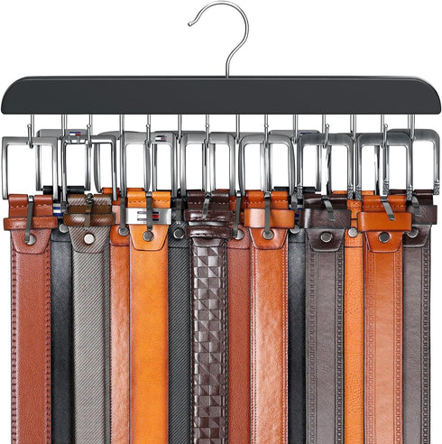 Belt Hanger for Closet Max 42 Belts, Sturdy Wood Belt Rack Closet Accessories with 14 Hooks Belt Organizer for Closet Organizers and Storage -Blac...