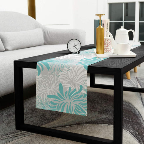 Aqua Chrysanthemum Flowers Table Runner-Cotton Linen-Long 13x108inches Dresser Scarves,Floral Grey Tablerunner for Kitchen Coffee/Dining/End Table...