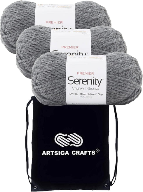 Premier Yarns Serenity Chunky Solid Smoke 700-41 (3-Skeins - Same Dye Lot) Chunky Bulky #5 Acrylic Yarn for Crocheting and Knitting - Bundle with ...