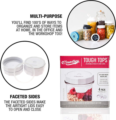 Masontops Tough Tops - Ball Wide Mouth Mason Jar Lids Plastic Leakproof - BPA-Free White Plastic Mason Jar Lids - Reusable Dry Canning Lids fit Ba...