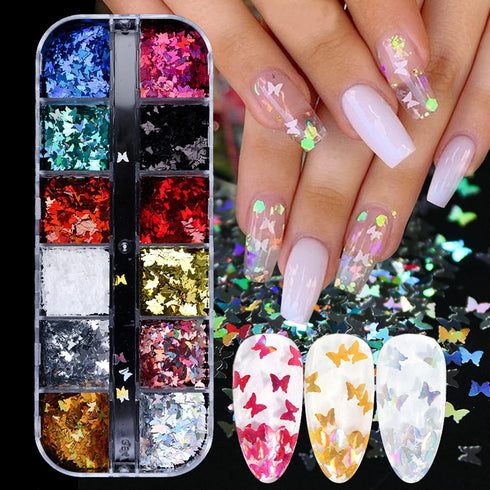 12 Colors Butterfly Nail Art Stickers Butterflies Nail Glitter Sequins 3D Art Accessories Butterfly Shape Flakes Powder Holographic Gold Red Pink ...