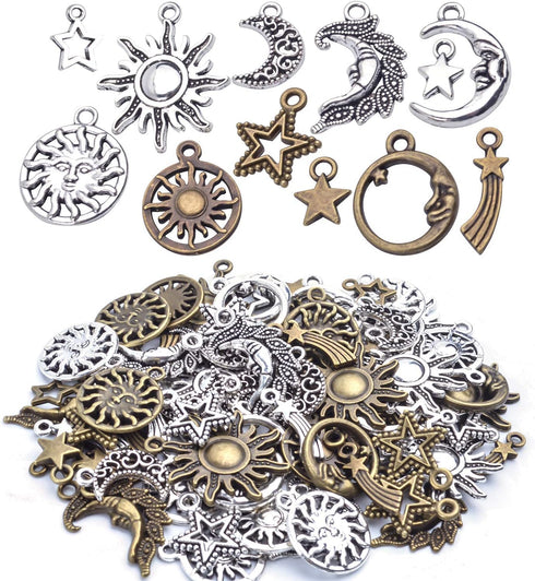 Aylifu About 80 Pieces Celestial Collection Charms, Mixed Sun Moon Star Meteor Charms Pendant Jewelry Findings for DIY Necklace Bracelet Earrings ...