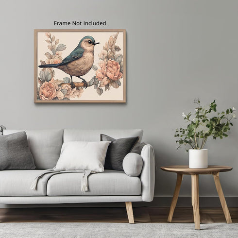 Posterizer 1 pcs- Blue and pink little bird on a tree with flowers-Art for Animal Lovers-Floral Botanical Art- Gift for Men Women Teens-Decor for...