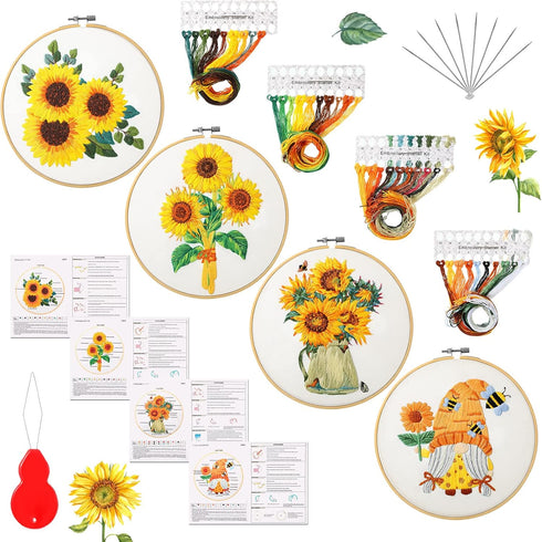 4 Set Embroidery Kit for Beginners Sunflower Adults Cross Cloth DIY Needlepoint Kit with Floral Gnome Stamped Patterns, Instructions, Embroidery H...